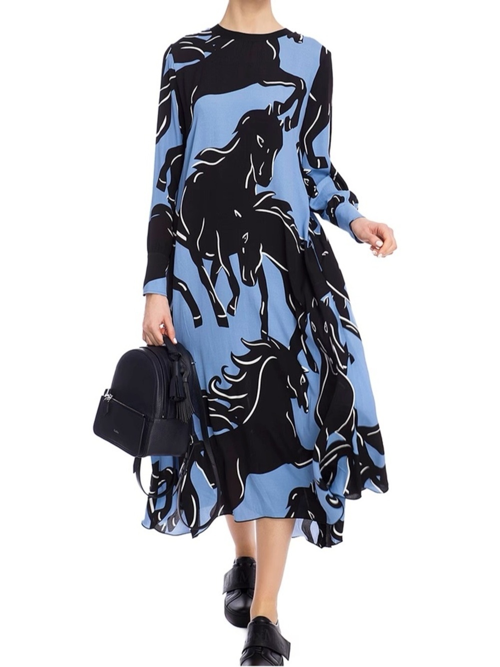 Sportmax code blue and black horse print a line maxi dress